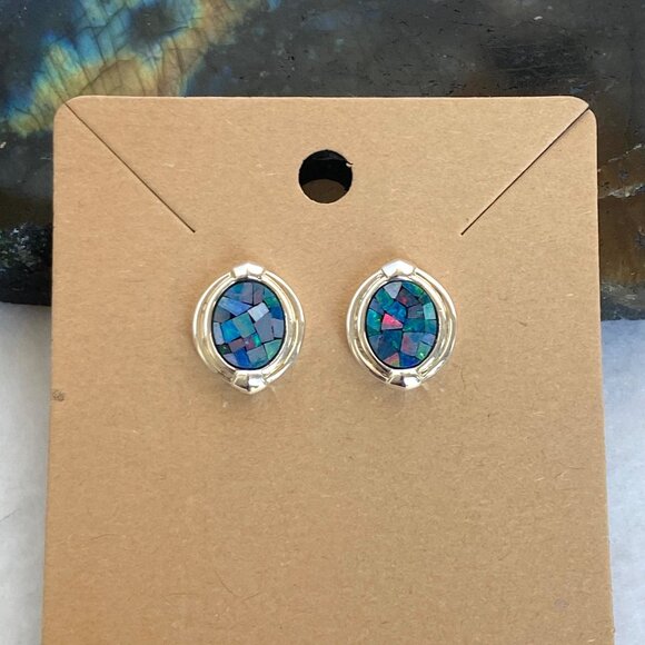 Sterling Silver 925 Michelle Albala Mosaic Blue Opal Inlay Oval Stud Earrings - Picture 6 of 16